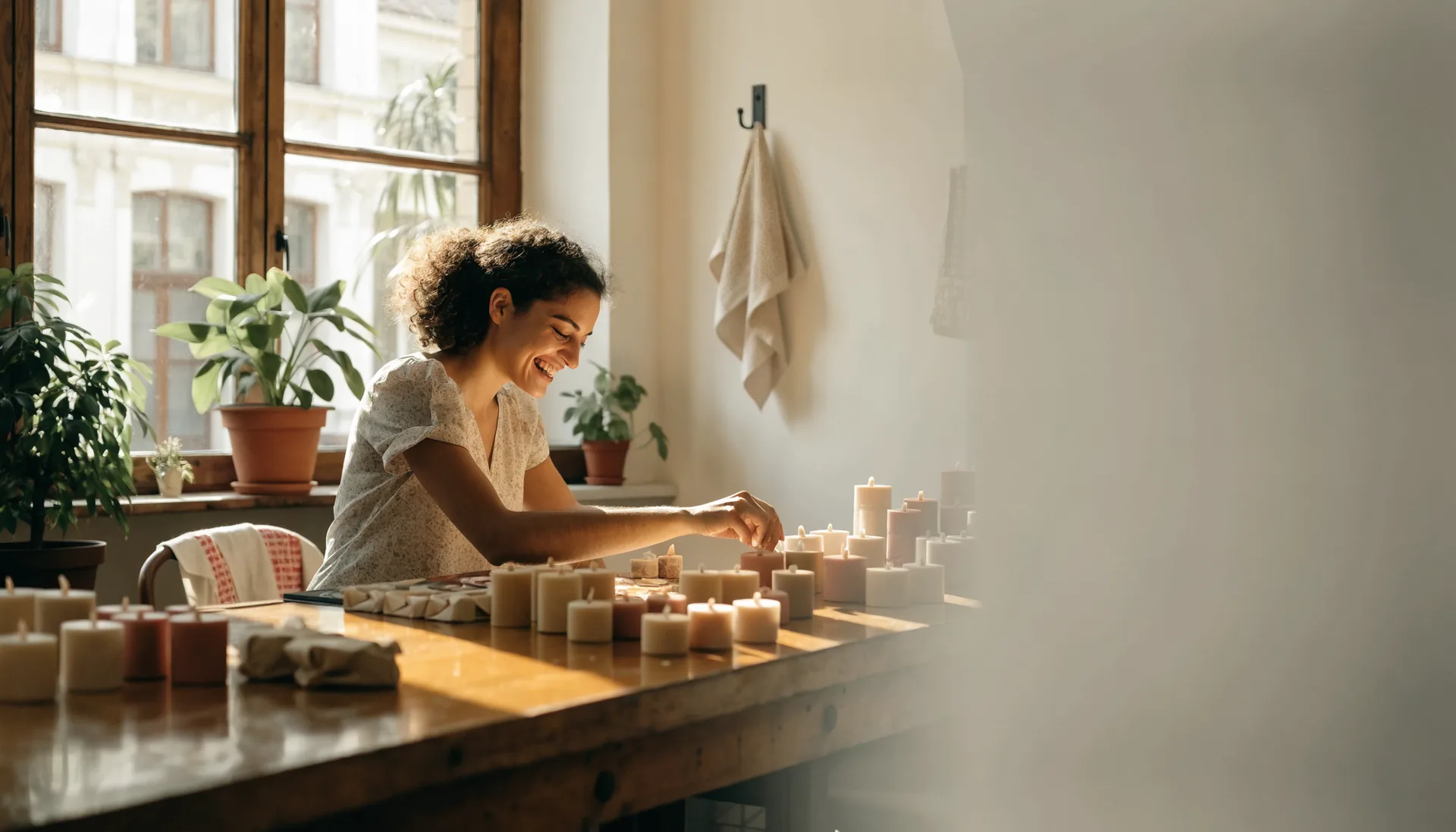 Emprendedora acomodando sus productos hechos a mano en su taller